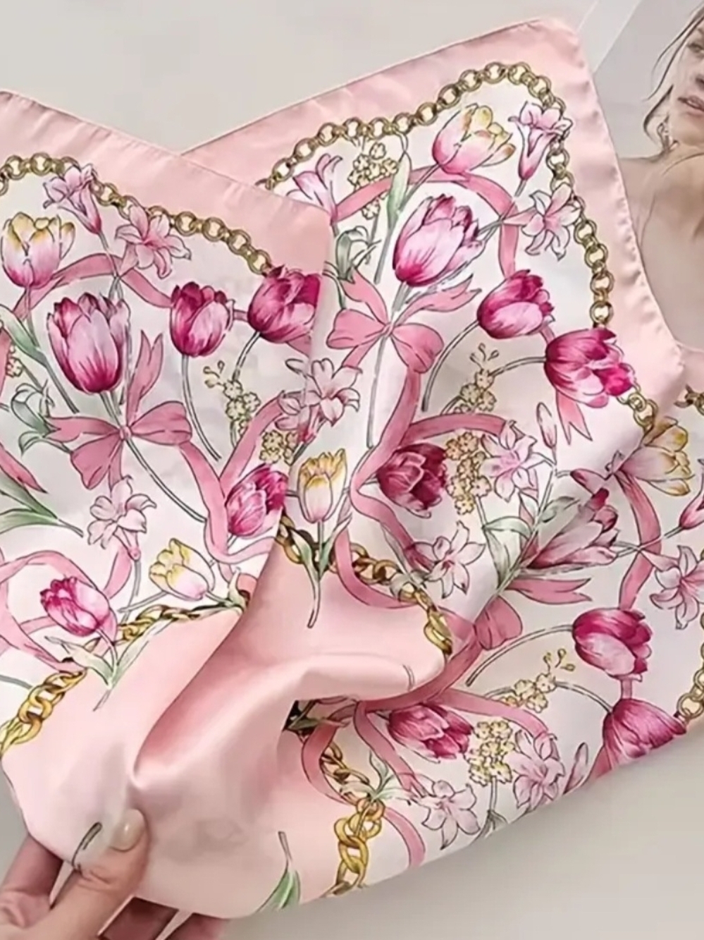 Pink Floral Scarf with Gold Chain Motif